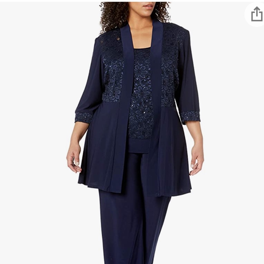 R&M Richards Women's Plus Size Lace Pant Set in Navy -